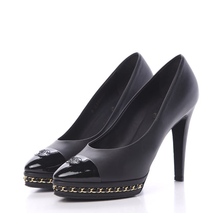 Chanel Calfskin Patent CC Cap Toe Platform Chain Pumps 39.5 Navy Black 3 of 10