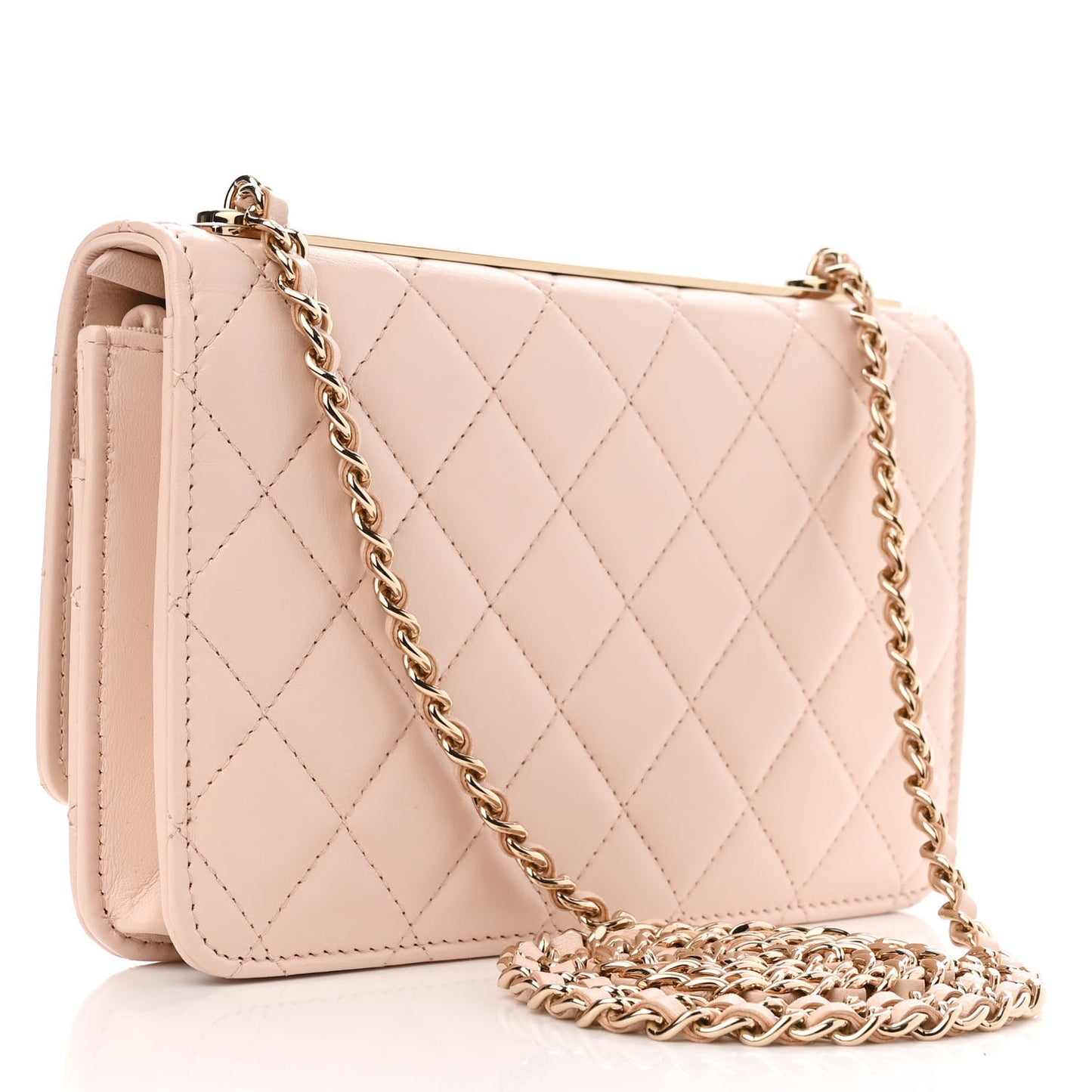 Lambskin Quilted Trendy CC Wallet On Chain WOC Light Beige