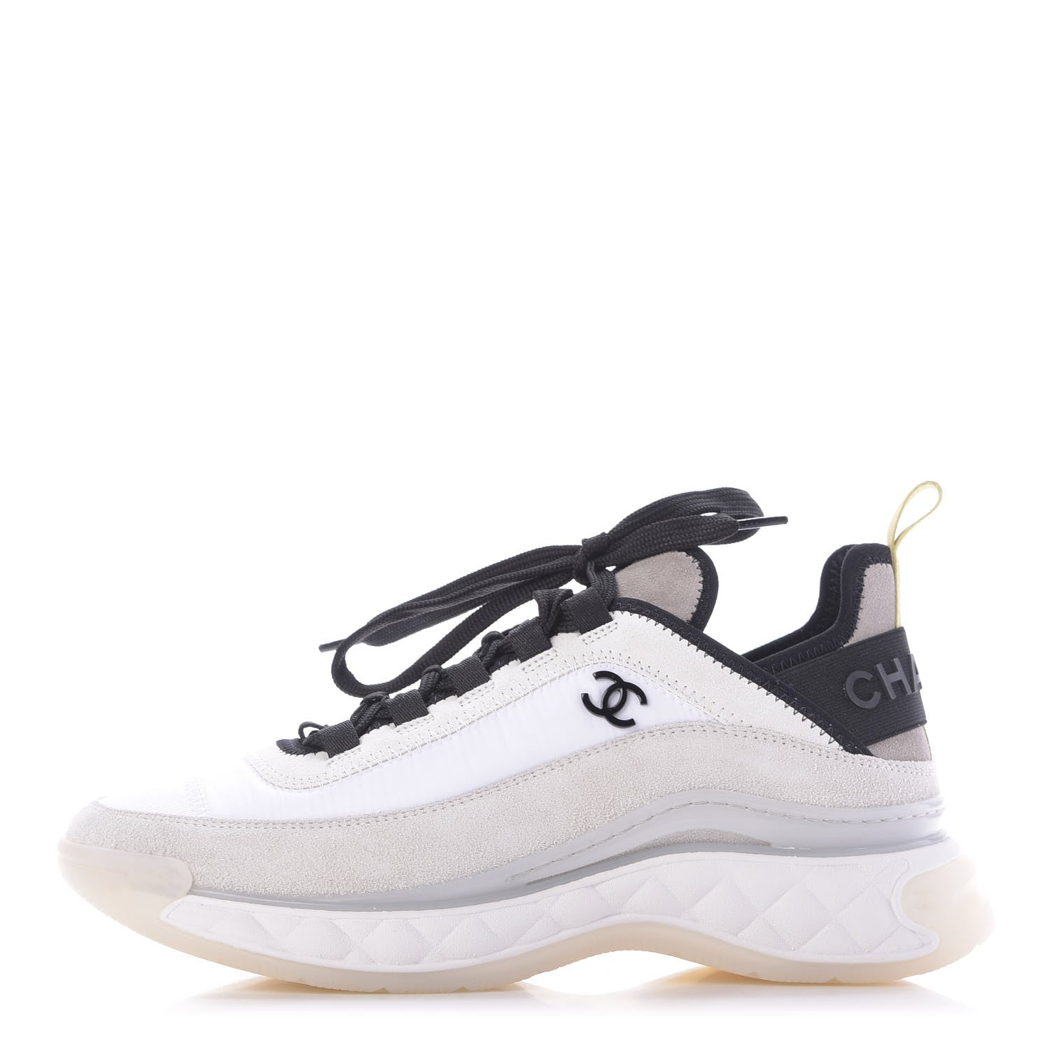 Chanel Nylon Calfskin Suede CC Sneakers 36.5 White Grey Yellow 1 of 11