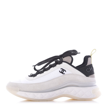 Chanel Nylon Calfskin Suede CC Sneakers 36.5 White Grey Yellow 1 of 11