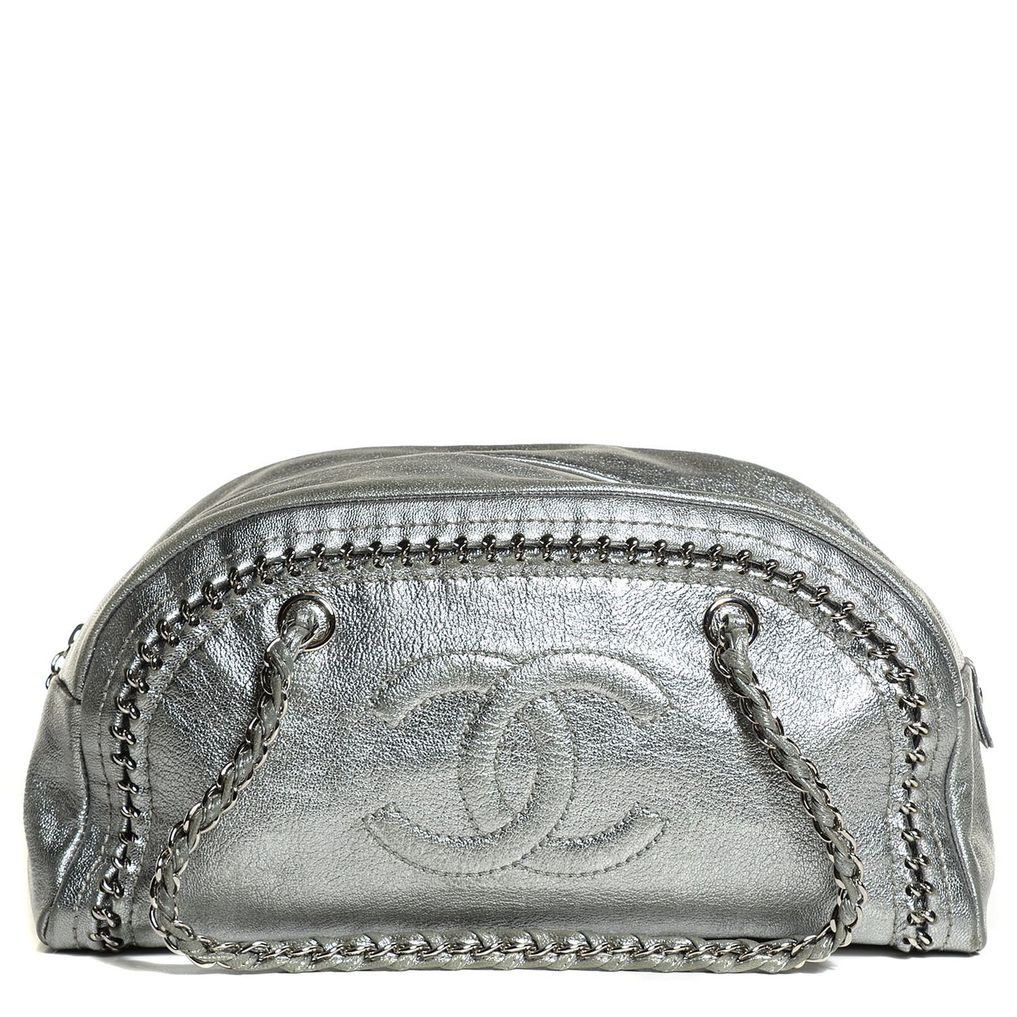 Metallic Goatskin Medium Luxe Ligne Bowler Silver