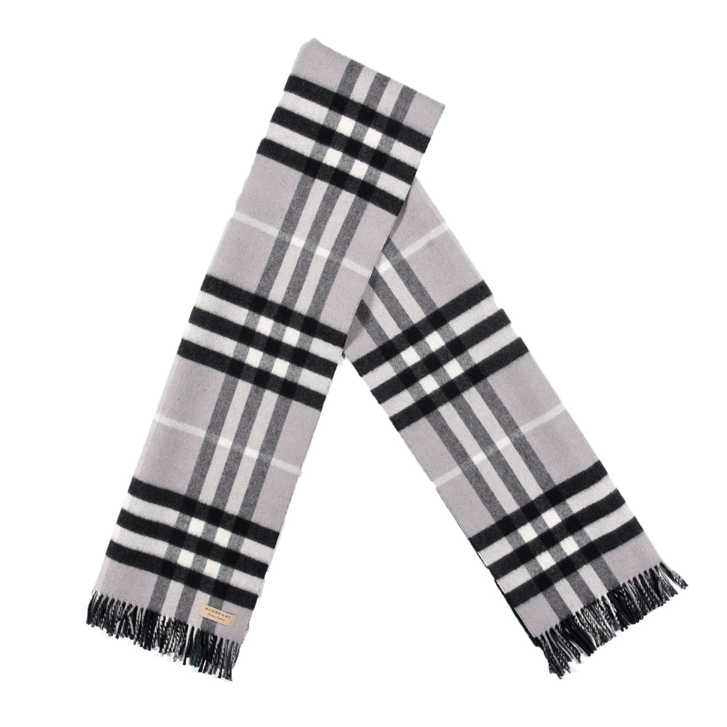 Wool Cashmere Check Striped Fringe Scarf Grey