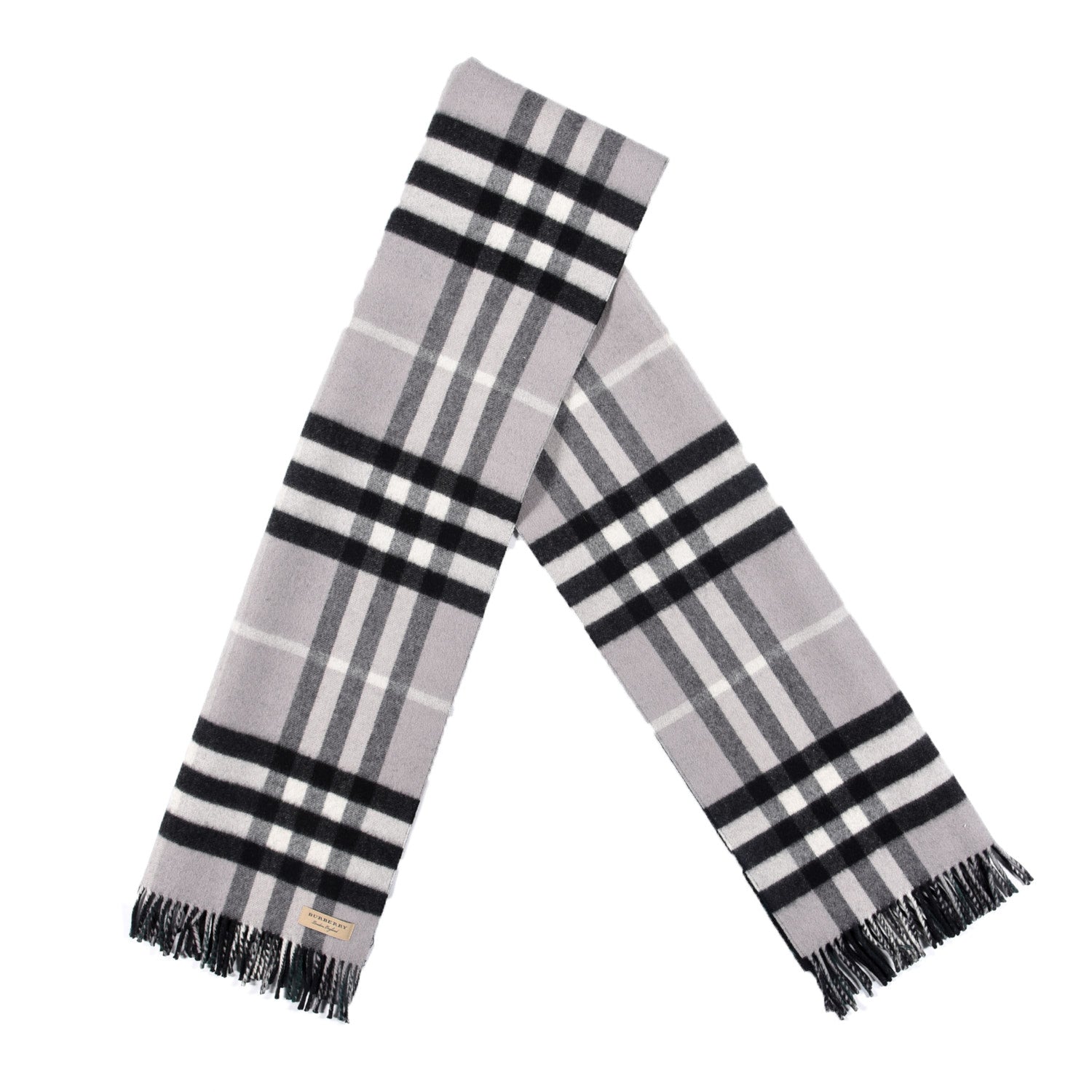 Burberry Wool Cashmere Check Striped Fringe Scarf Grey 1 of 5