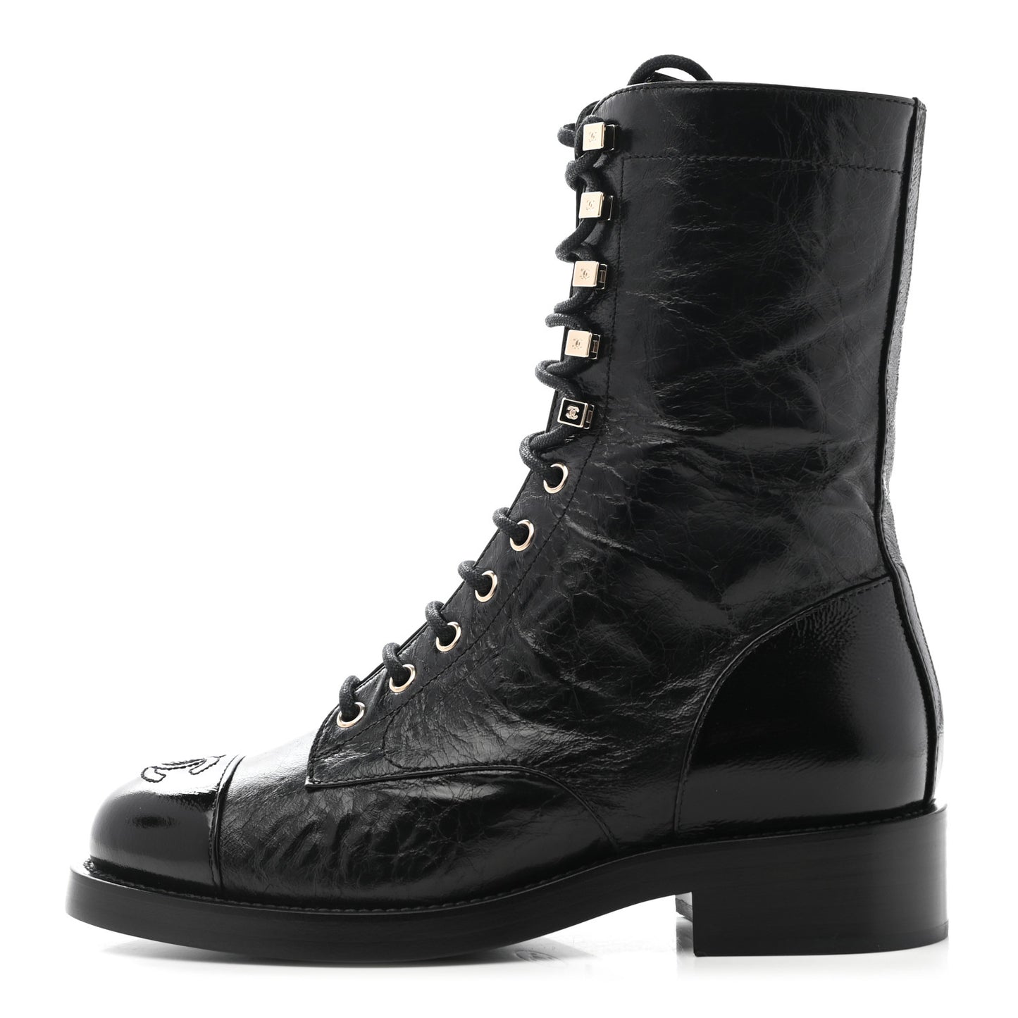 Crumpled Lambskin Shiny Calfskin Lace Up Combat Boots 35.5 Black