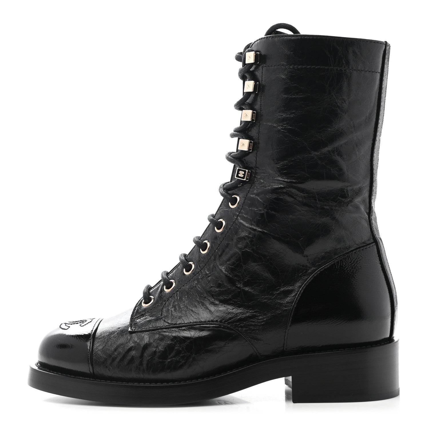 Chanel Crumpled Lambskin Shiny Calfskin Lace Up Combat Boots 35.5 Black 1 of 10
