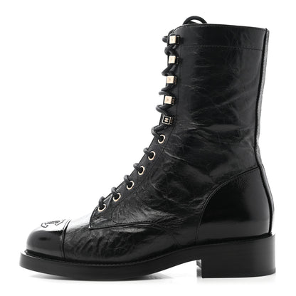 Chanel Crumpled Lambskin Shiny Calfskin Lace Up Combat Boots 35.5 Black 1 of 10