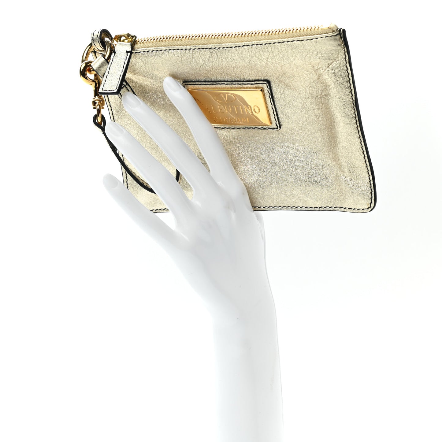 Metallic Calfskin Zip Wristlet Pouch Gold
