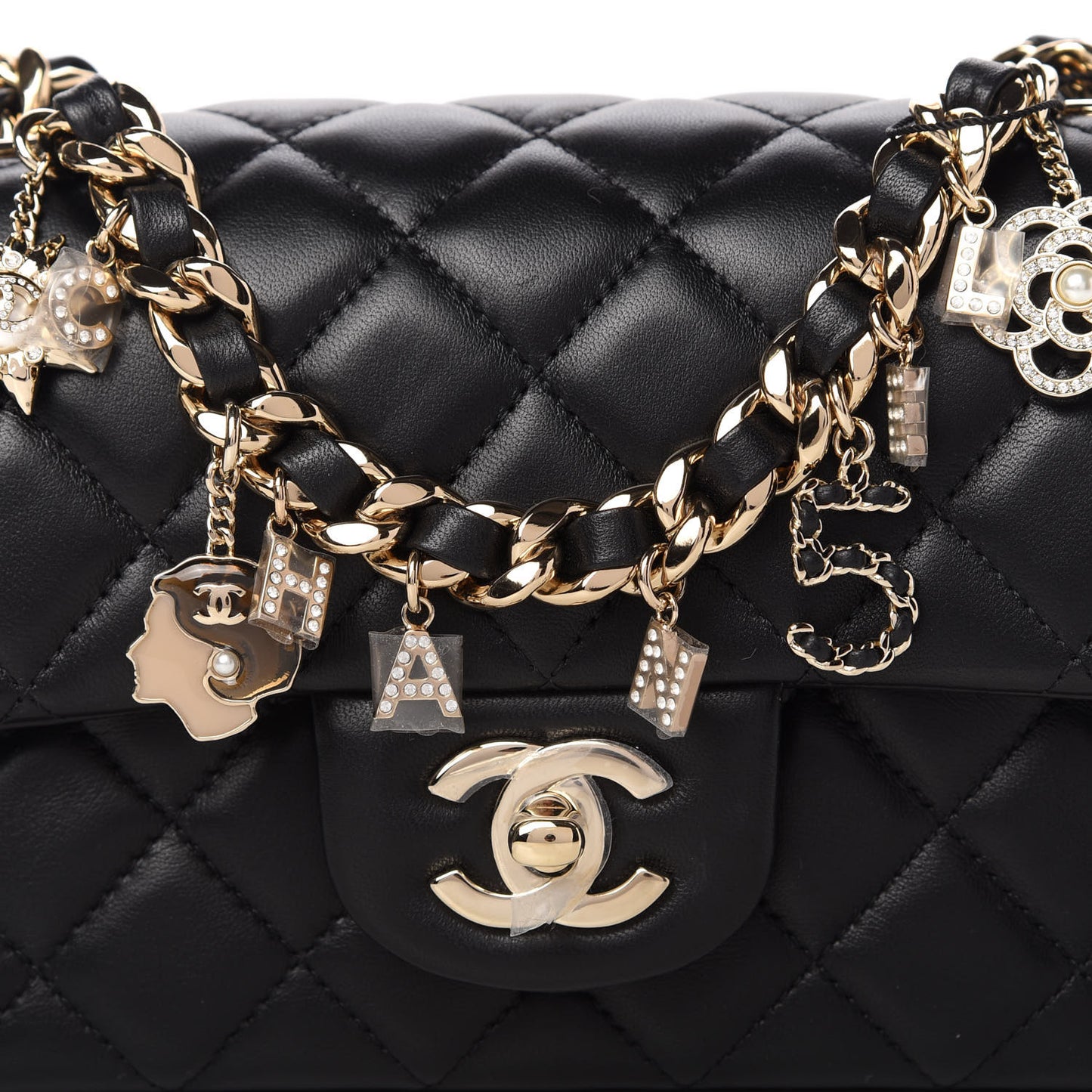 Lambskin Quilted Mini Coco Charms Rectangular Flap Black