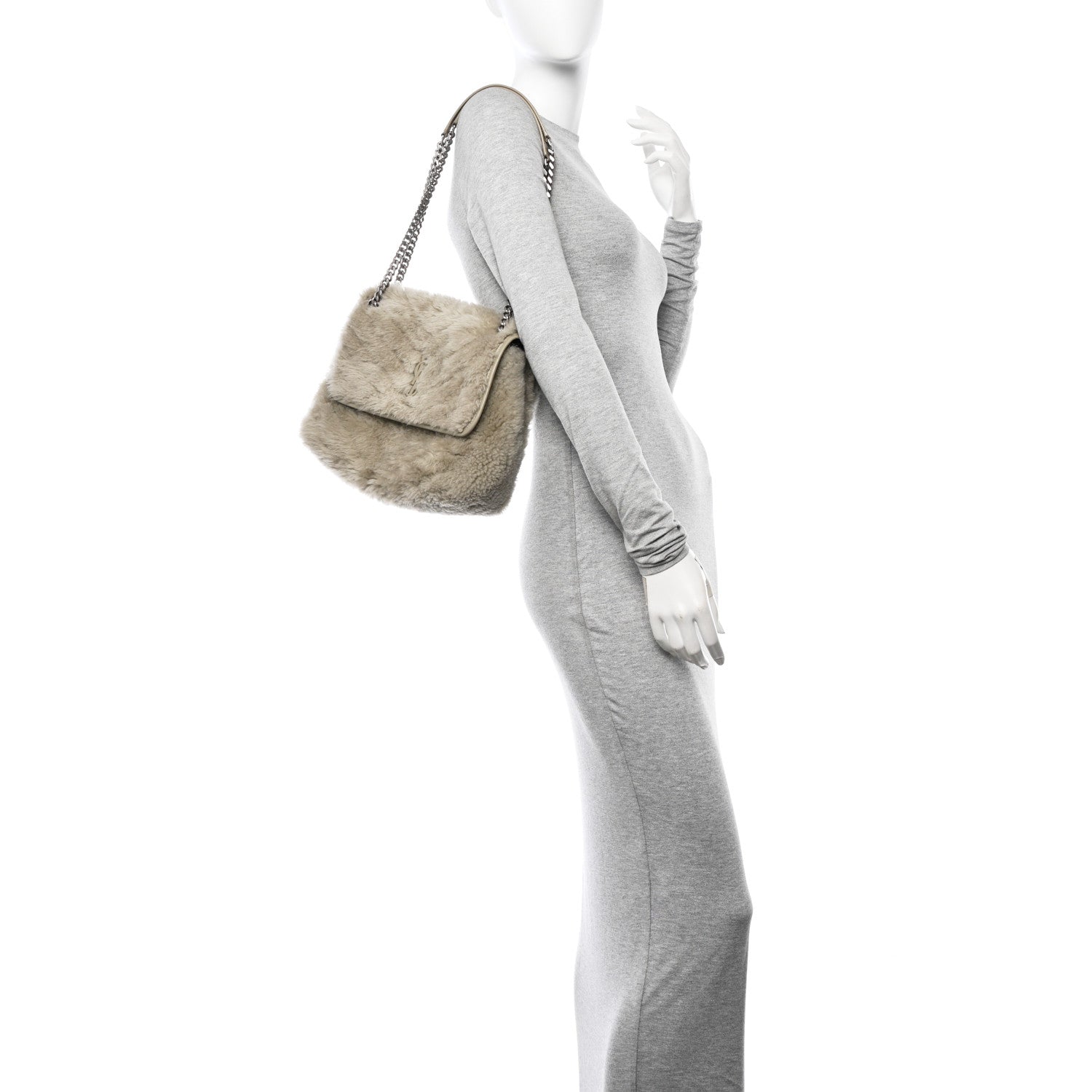 Saint Laurent Calfskin Shearling Monogram Medium Niki Chain Satchel Grey 2 of 11