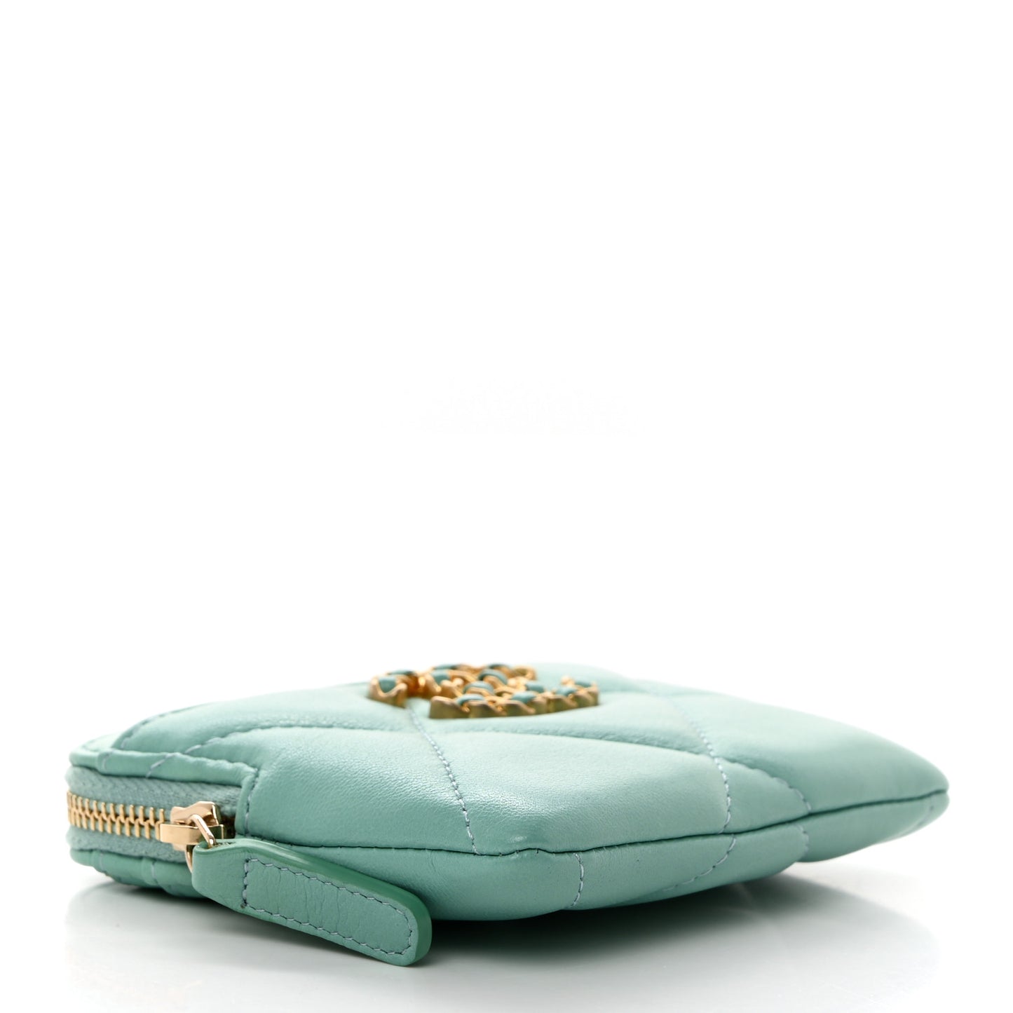 Lambskin Quilted Chanel 19 Zip Card Holder Wallet Light Green
