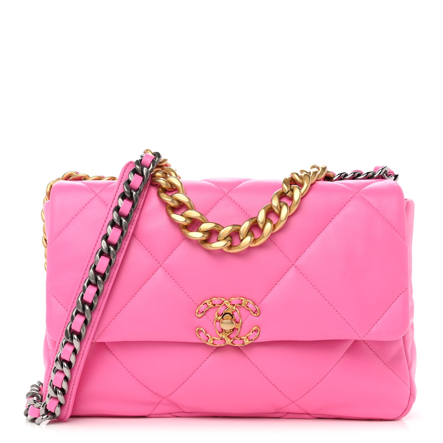 Chanel Lambskin Quilted Large Chanel 19 Flap Neon Pink 1 of 9