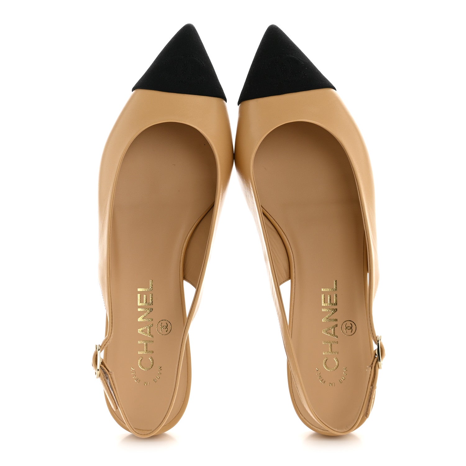 Chanel Goatskin Grosgrain Pointed Toe CC Slingback Flats 37.5 Beige Black 2 of 10