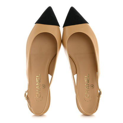Chanel Goatskin Grosgrain Pointed Toe CC Slingback Flats 37.5 Beige Black 2 of 10