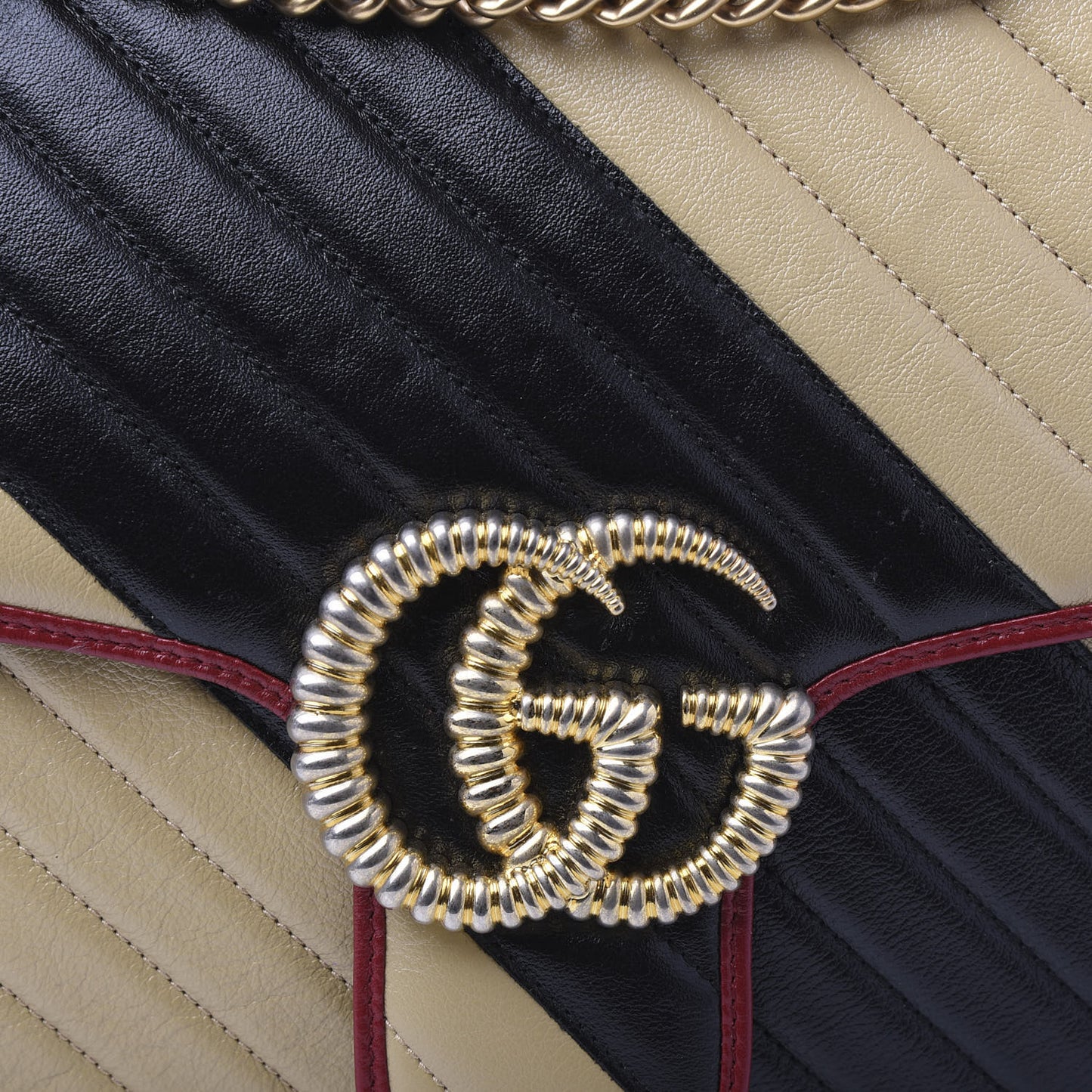 Azalea Calfskin Matelasse Diagonal Patchwork Large Torchon GG Marmont Shoulder Bag Black Beige Romantic Cerise