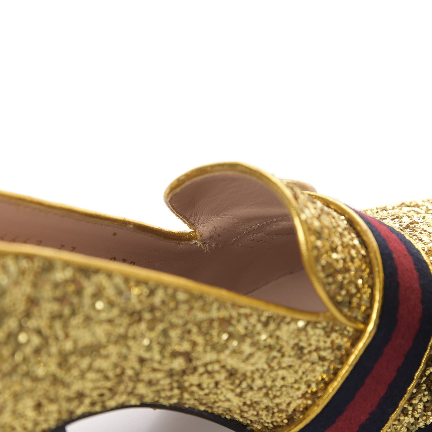 Gucci Glitter Nappa Web Peyton 75mm Loafer Pumps 37 Oro Vecchio 11 of 15