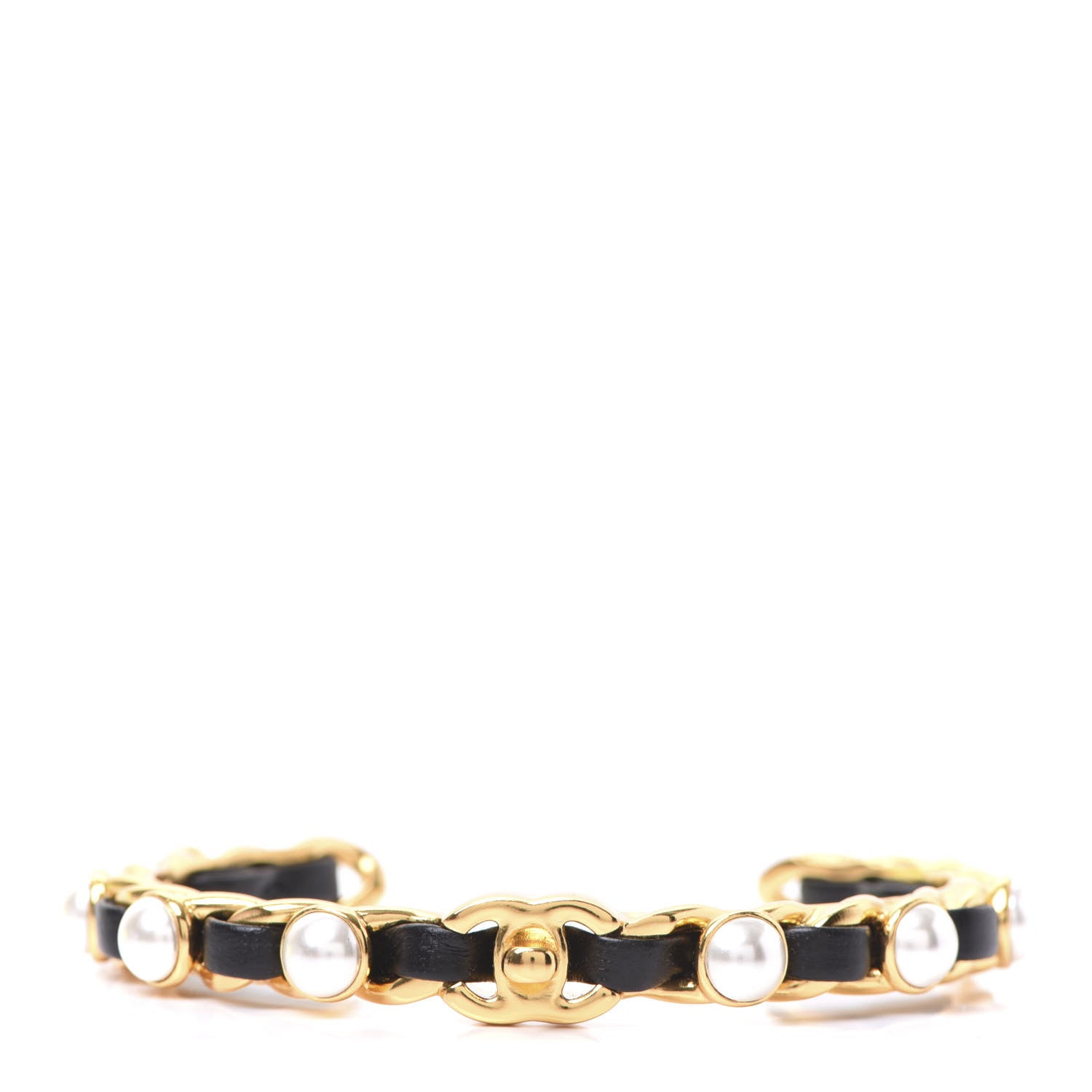 Chanel Lambskin Pearl CC Cuff Bracelet Black Gold 1 of 4