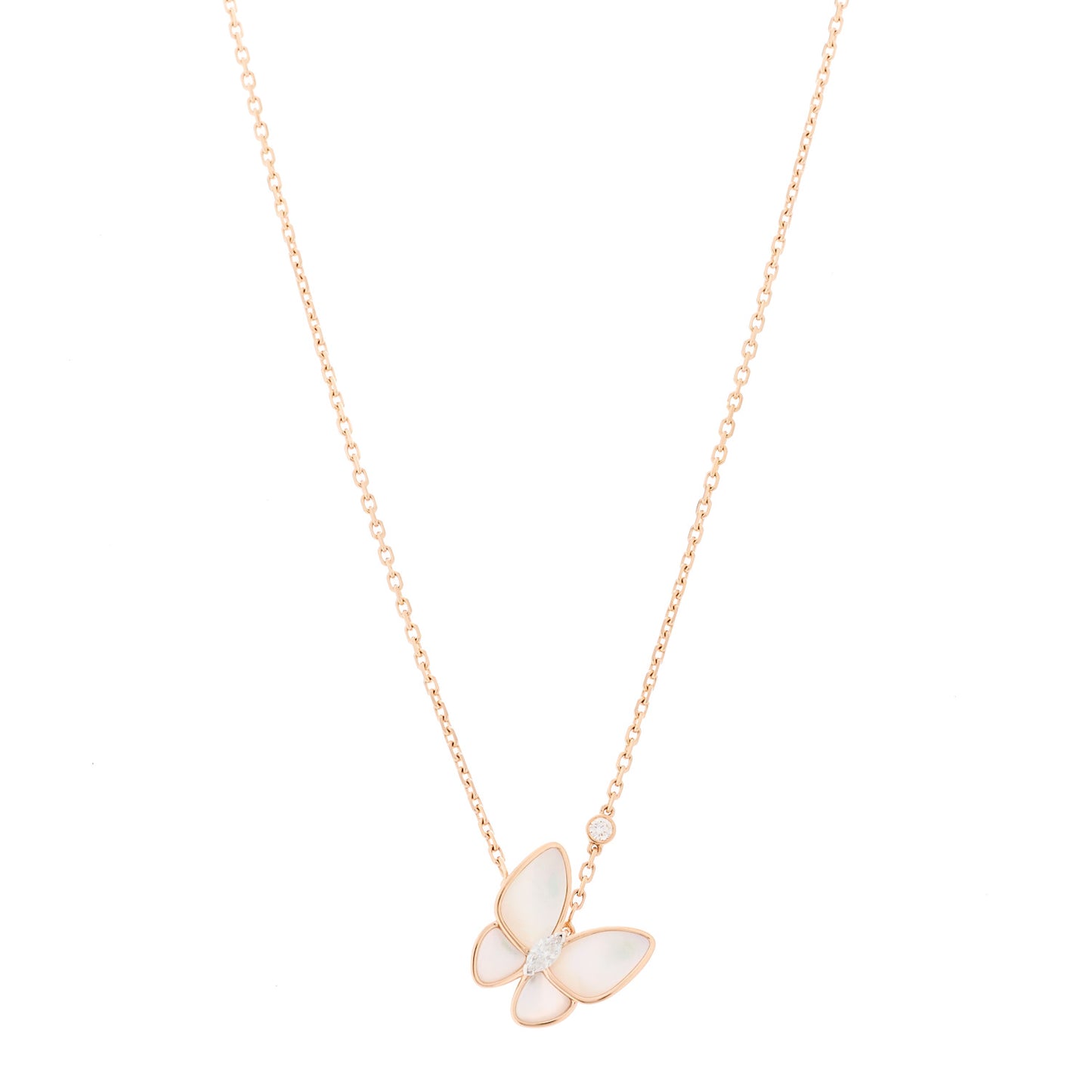 18K Rose Gold Diamond Mother of Pearl Two Butterfly Pendant Necklace