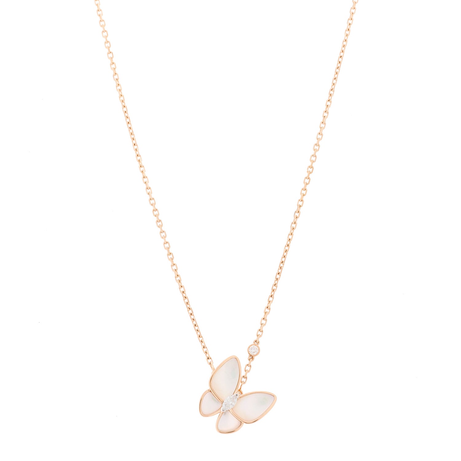 Van Cleef & Arpels 18K Rose Gold Diamond Mother of Pearl Two Butterfly Pendant Necklace 1 of 5