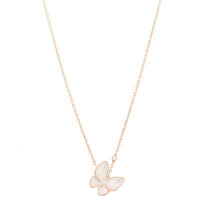 Van Cleef & Arpels 18K Rose Gold Diamond Mother of Pearl Two Butterfly Pendant Necklace 1 of 5