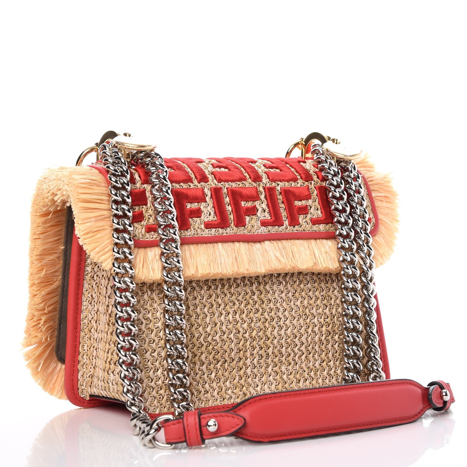 Fendi Raffia Vitello Century F is Fendi FF Embroidered Fringe Small Kan I Shoulder Bag Natural Fiamma 3 of 7