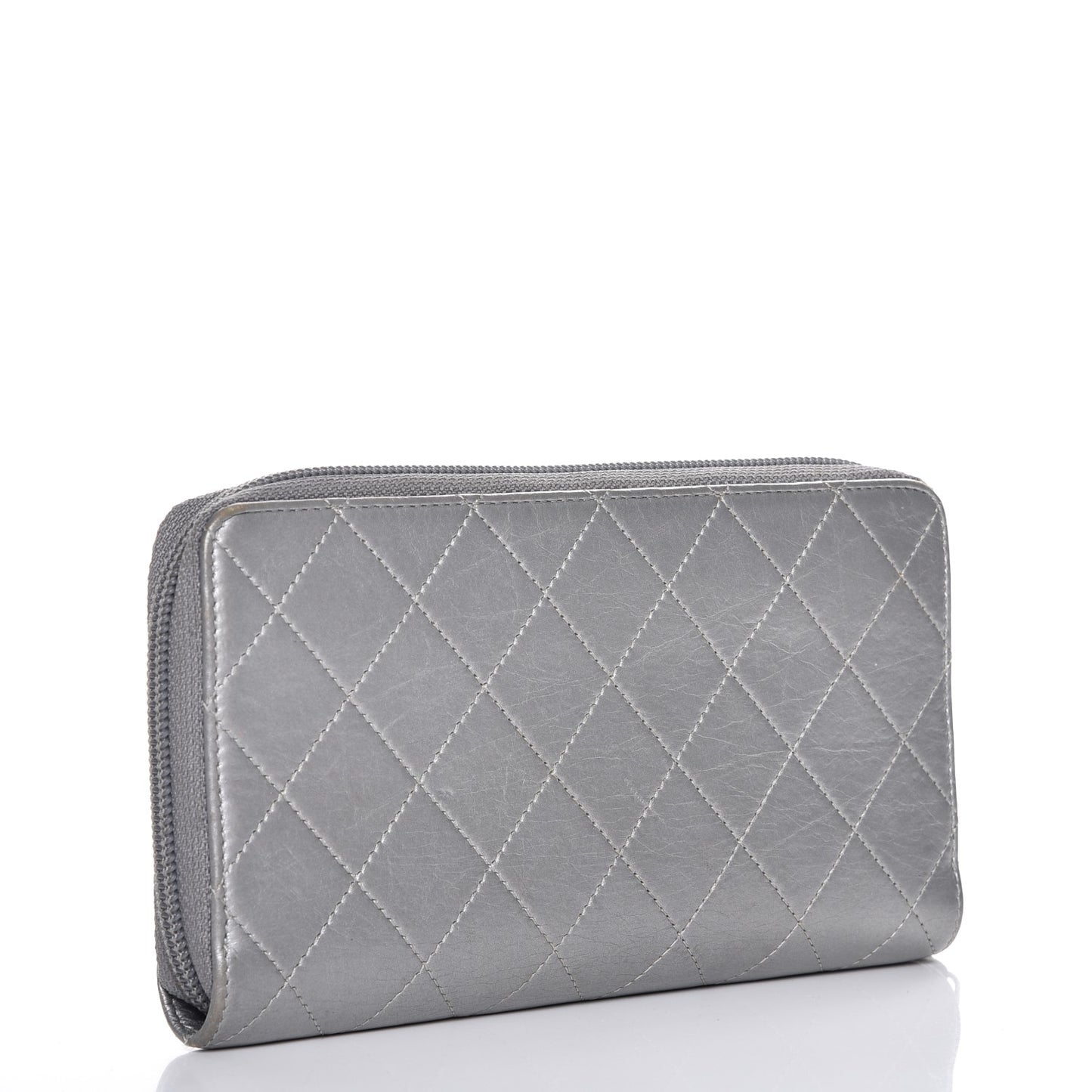 Calfskin Stitched Large Zip Around Wallet Silver