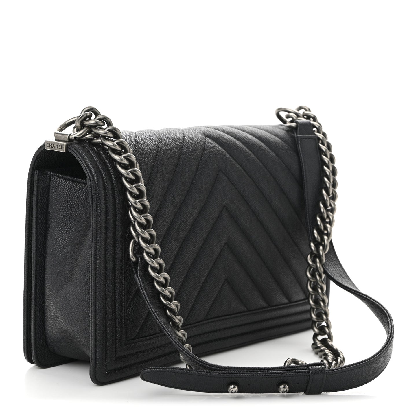 Caviar Chevron Quilted New Medium Boy Flap Dark Navy Blue