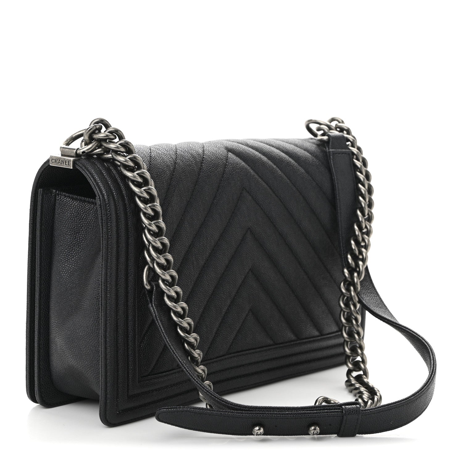 Chanel Caviar Chevron Quilted New Medium Boy Flap Dark Navy Blue 3 of 11