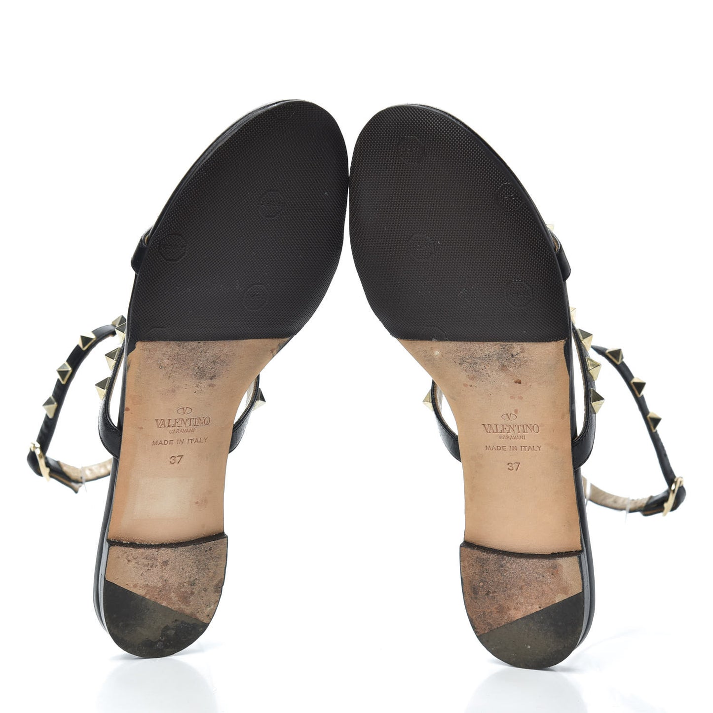 Calfskin Rockstud Ankle Strap Flat Sandals 37 Black