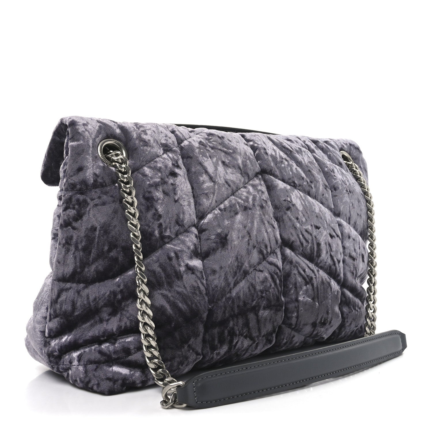 Saint Laurent Crushed Velvet Quilted Small Loulou Puffer Monogram Chain Satchel Iron Grey 3 of 10