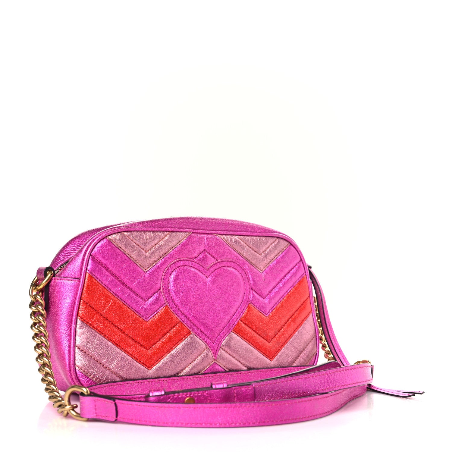 Gucci Laminated Nappa Matelasse Small GG Marmont Chain Shoulder Bag Fuxia Rosso Rosa 3 of 10