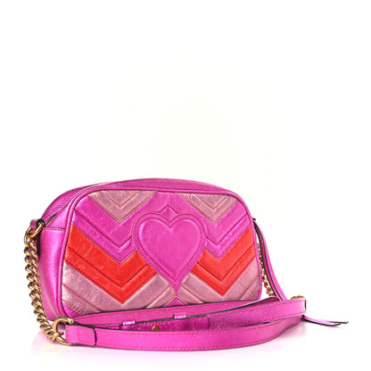 Gucci Laminated Nappa Matelasse Small GG Marmont Chain Shoulder Bag Fuxia Rosso Rosa 3 of 10