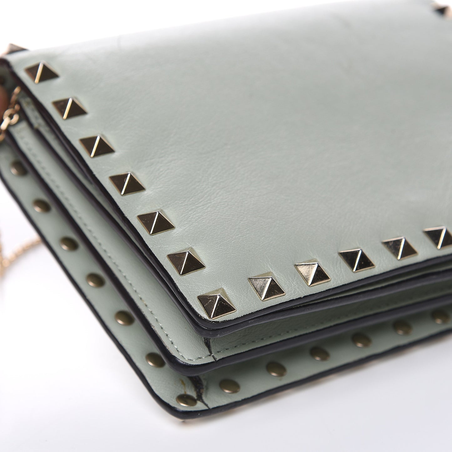 Calfskin Rockstud Wallet on Chain Water Green