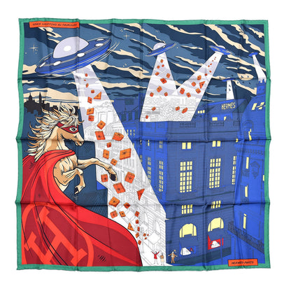 Hermes Silk Space Shopping Au Faubourg Scarf 90 Bleu Vert Rouge 1 of 9