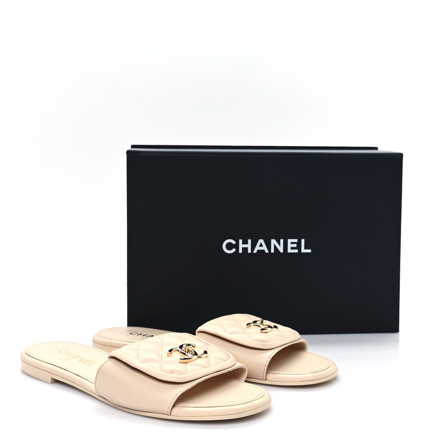 Chanel Lambskin Quilted Turnlock Flat Mules 41 Light Beige 1669268