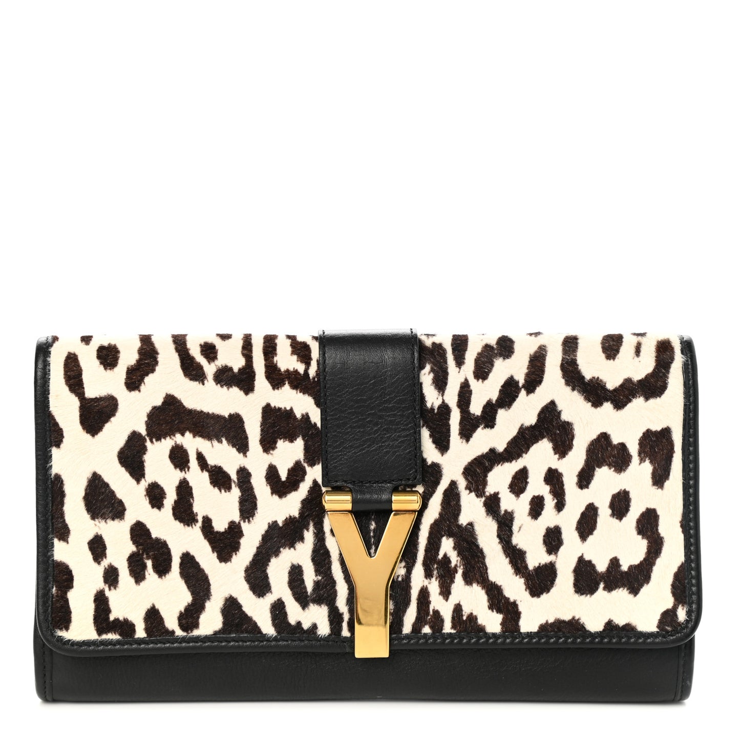 Pony Hair Leopard Print Y Ligne Clutch Black White