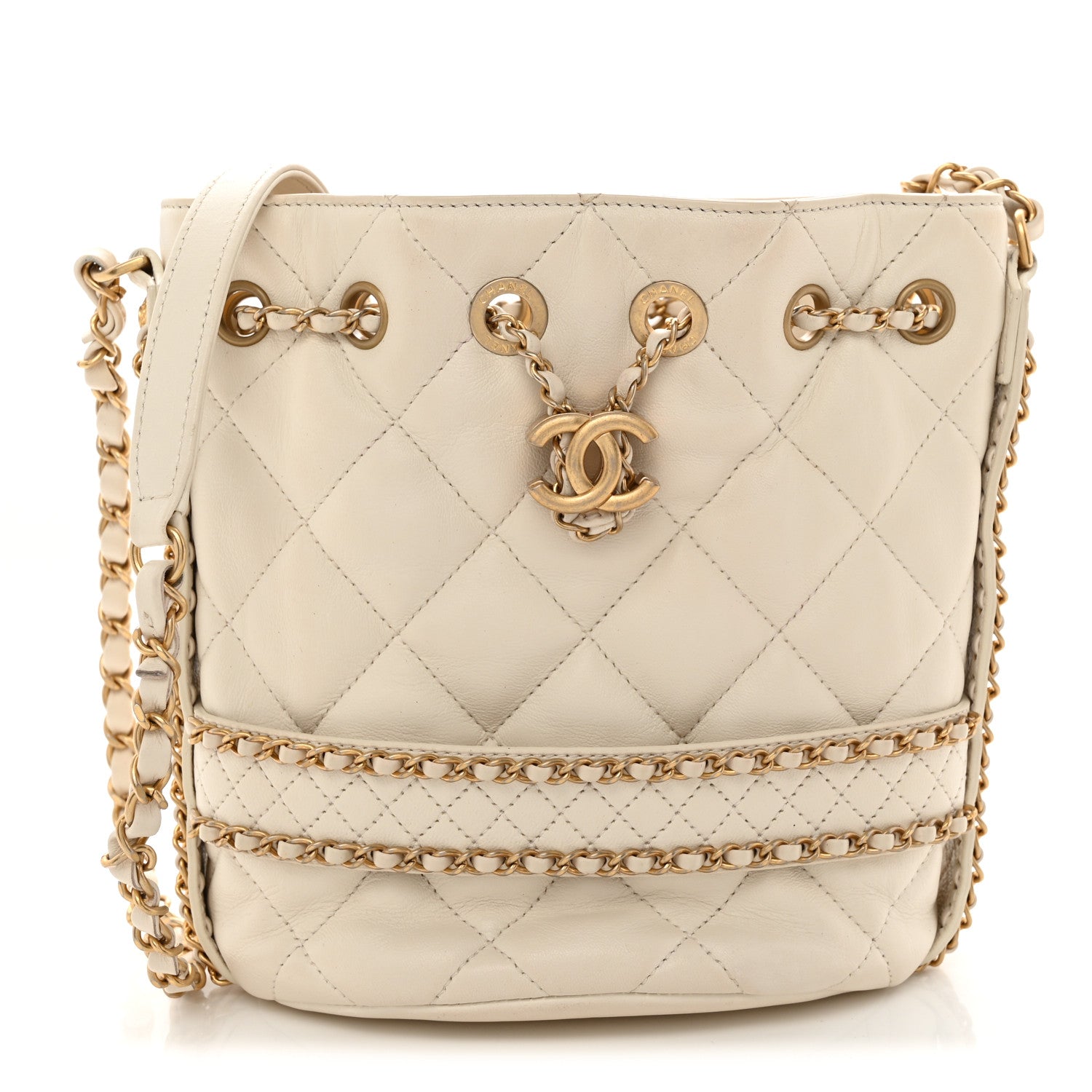 Chanel Aged Calfskin Quilted Chain Bucket Drawstring Bag White 1 of 11