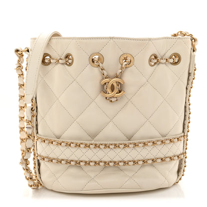 Chanel Aged Calfskin Quilted Chain Bucket Drawstring Bag White 1 of 11