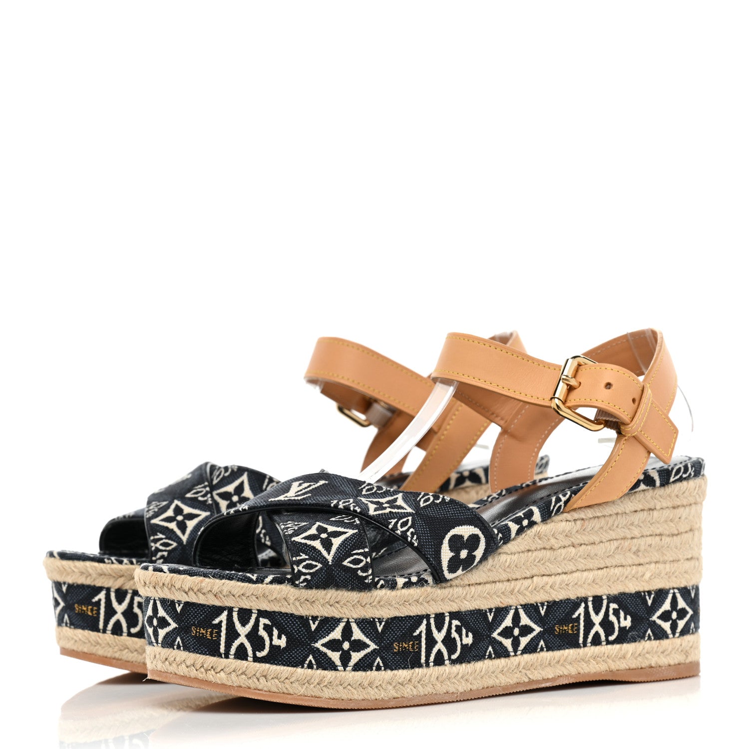 Louis Vuitton Jacquard Calfskin Since 1854 Boundary Wedge Sandals 39 Blue 3 of 11
