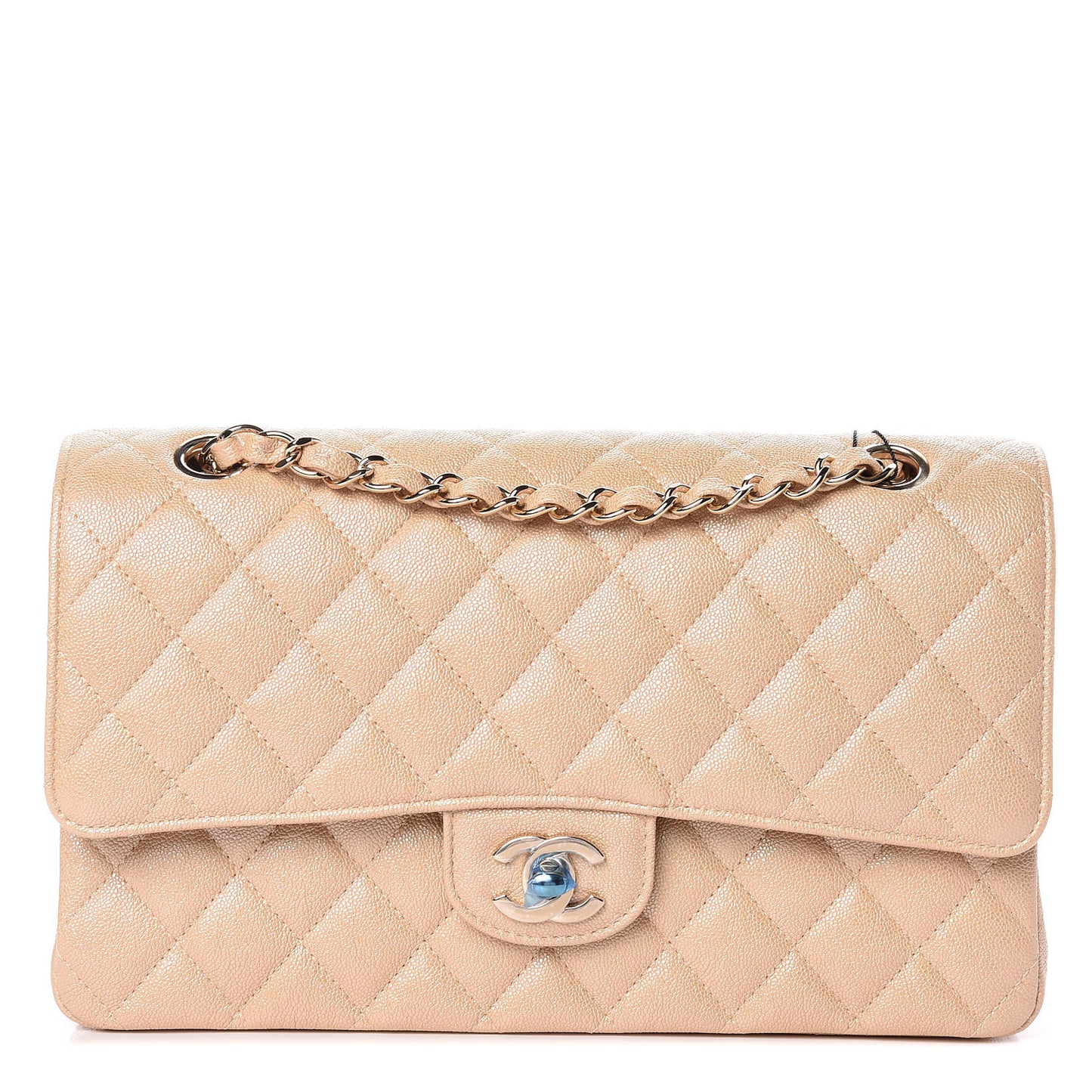 Iridescent Caviar Quilted Medium Double Flap Beige