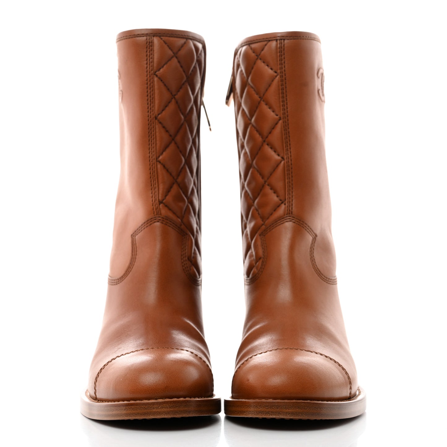 Calfskin CC Logo Mid Calf Boots 39 Caramel