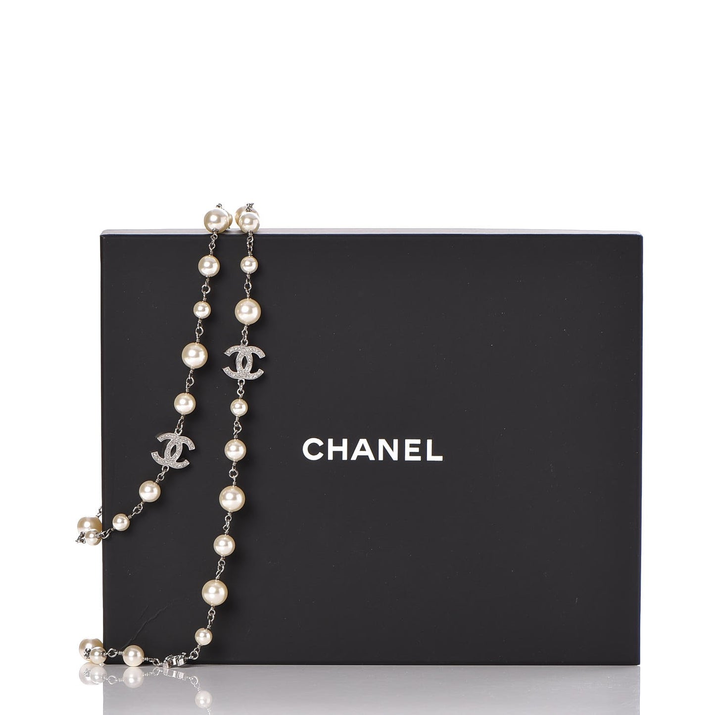 Crystal Pearl CC Long Necklace Silver