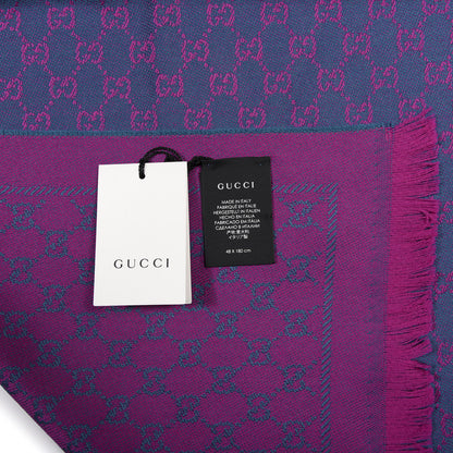 Gucci Wool GG Monogram Reversible New Sten Fringe Scarf Petroleum Blue Pink 4 of 4