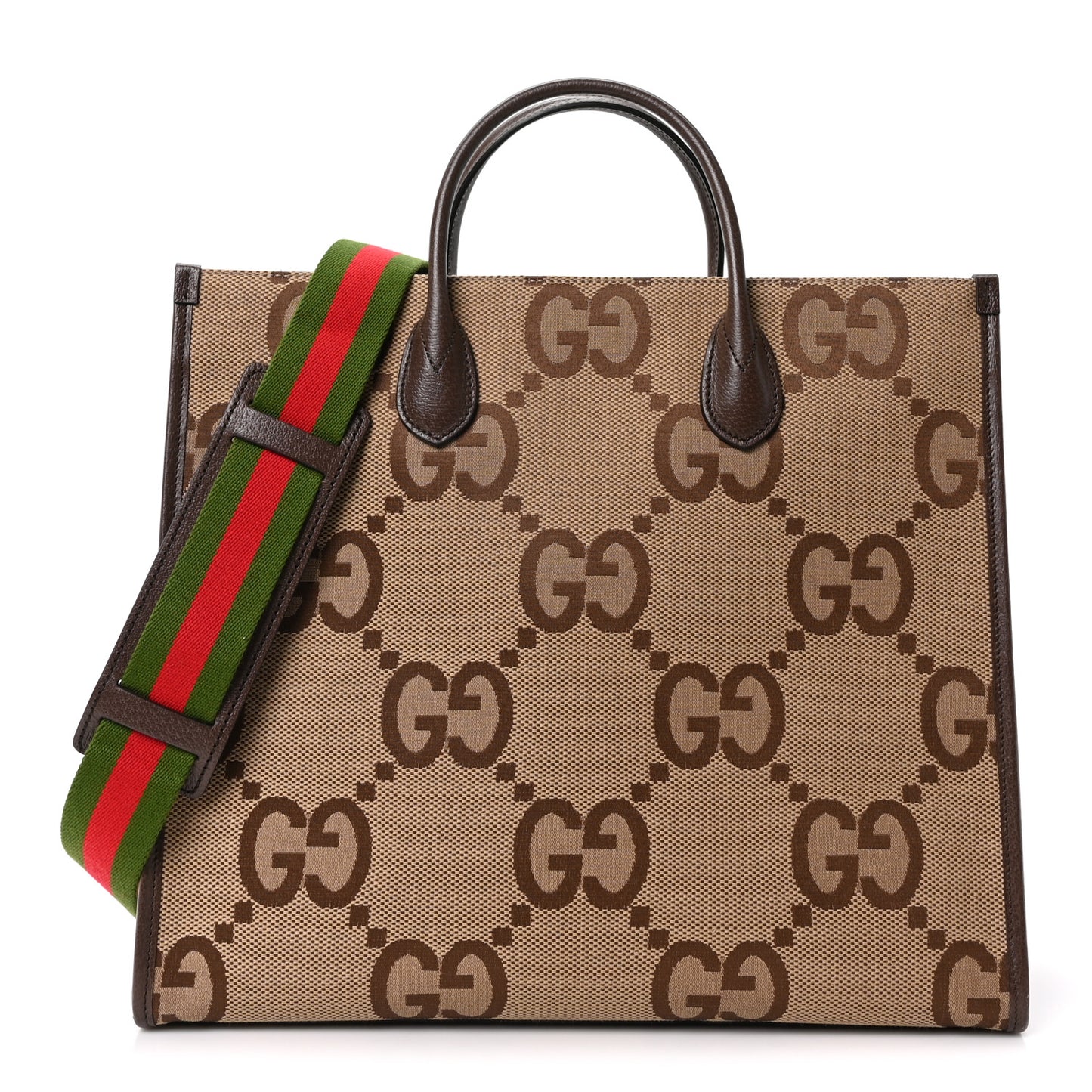 Monogram Jumbo GG Textured Dollar Calfskin Web Tote Bag Camel Ebony New Acero