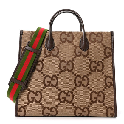 Gucci Monogram Jumbo GG Textured Dollar Calfskin Web Tote Bag Camel Ebony New Acero 1 of 9
