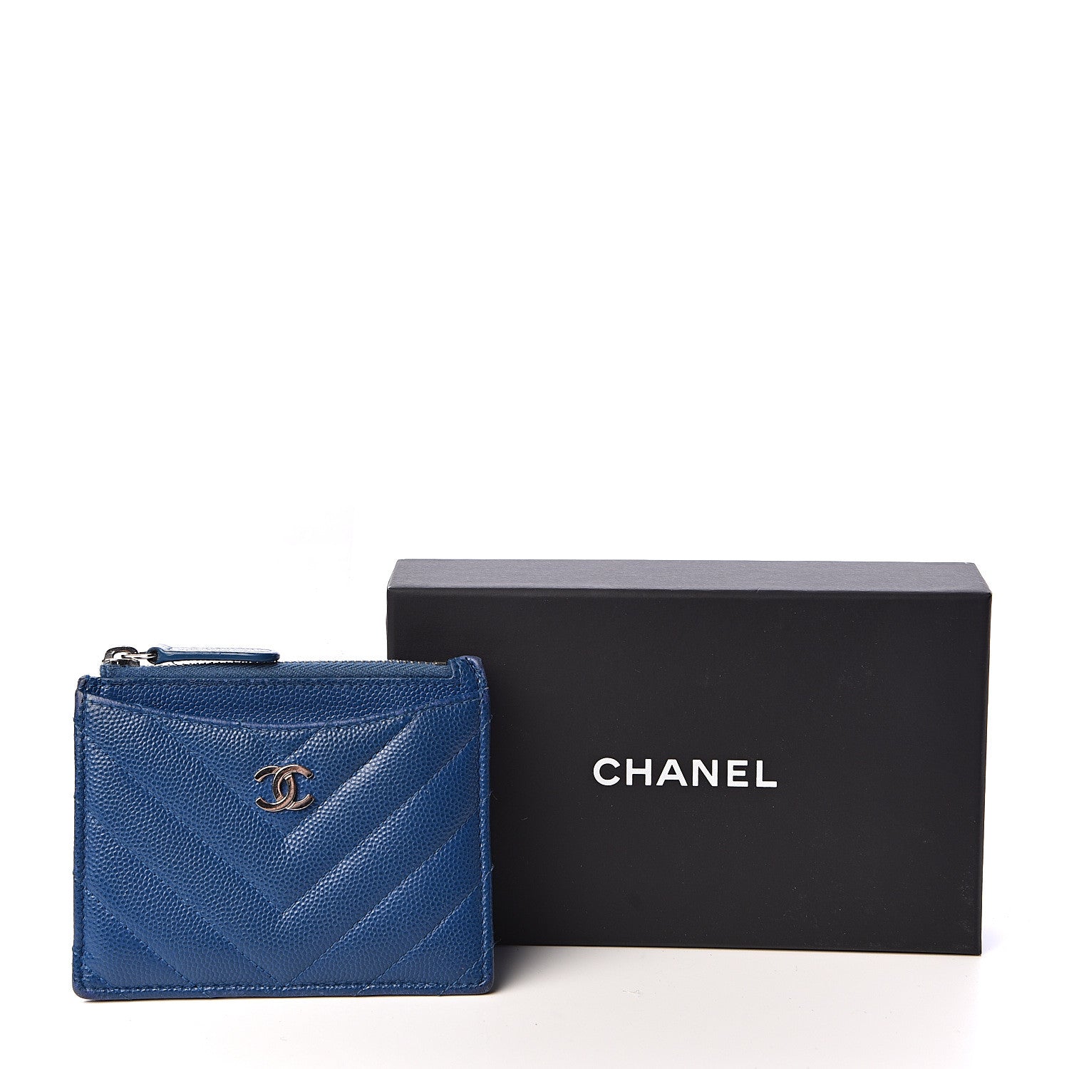 Chanel Caviar Chevron Quilted CC Zip Card Holder Blue 12 of 12