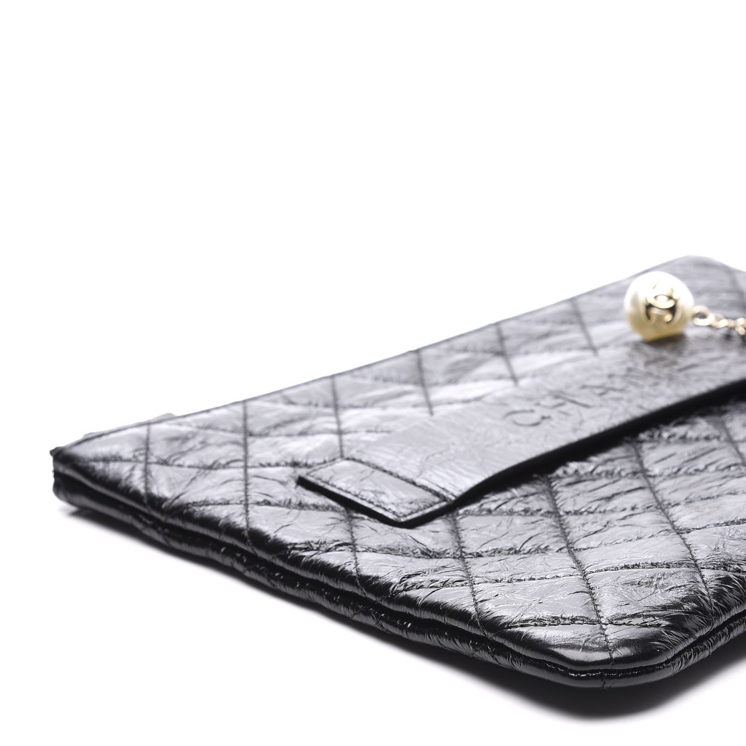 Chanel Shiny Crumpled Calfskin Quilted Medium Night by the C Pouch Clutch Black 7 of 9