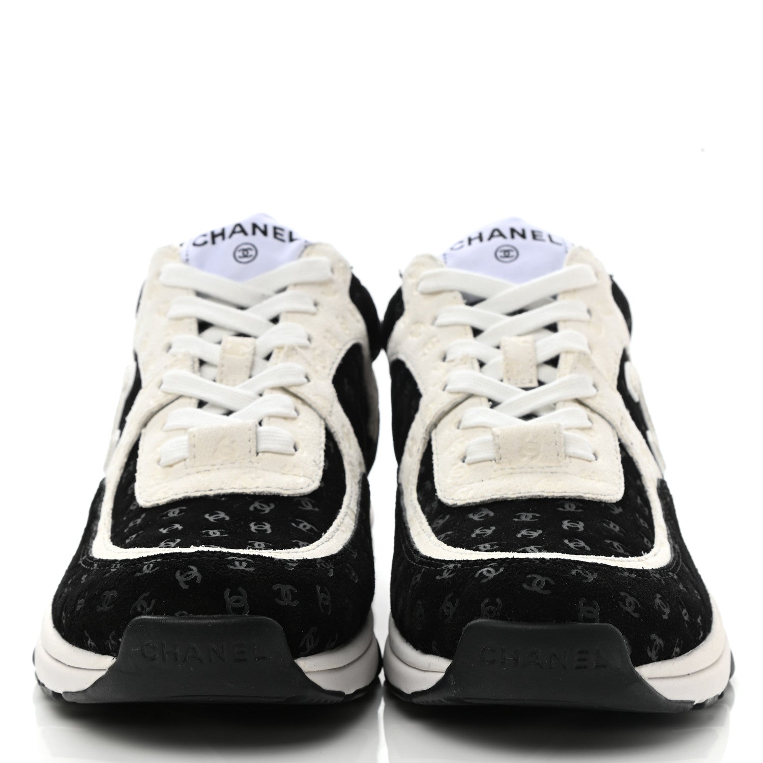 Chanel Printed Suede Calfskin Womens Sneakers 38 Black White 2 of 9
