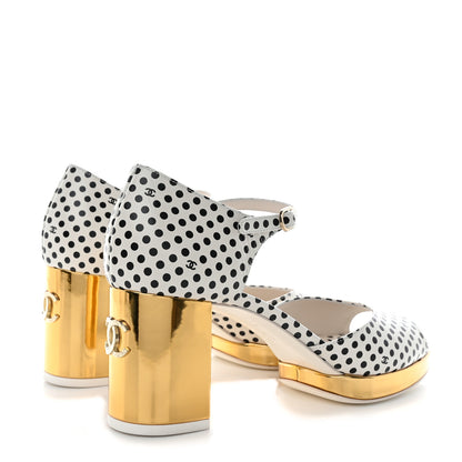 Chanel Printed Calfskin Polka Dot CC Platform Sandals 38 Ivory Black 4 of 9