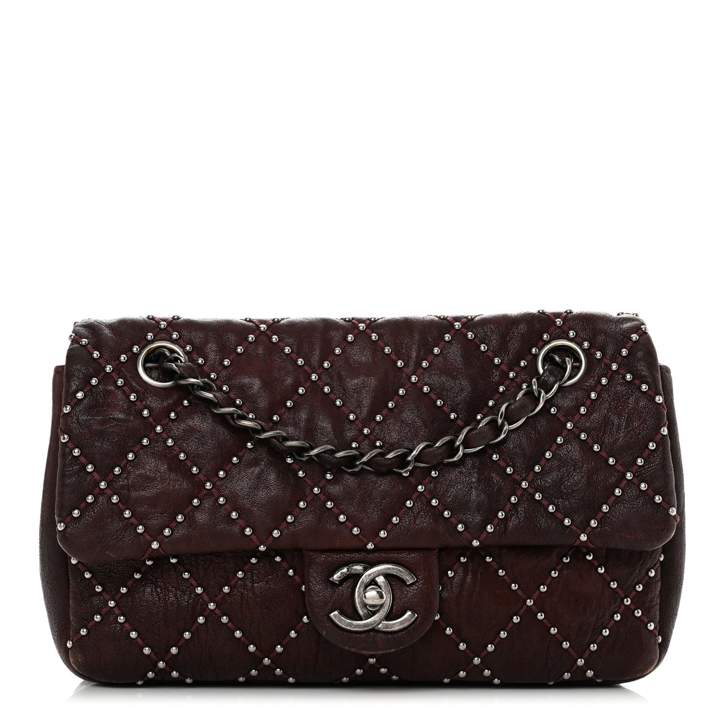 Washed Lambskin Studded Metal Beauty Flap Burgundy