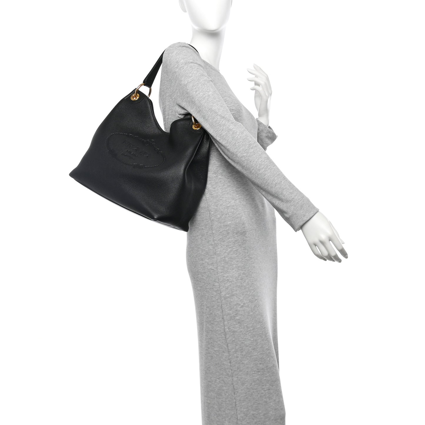 Vitello Phenix Embossed Logo Hobo Black